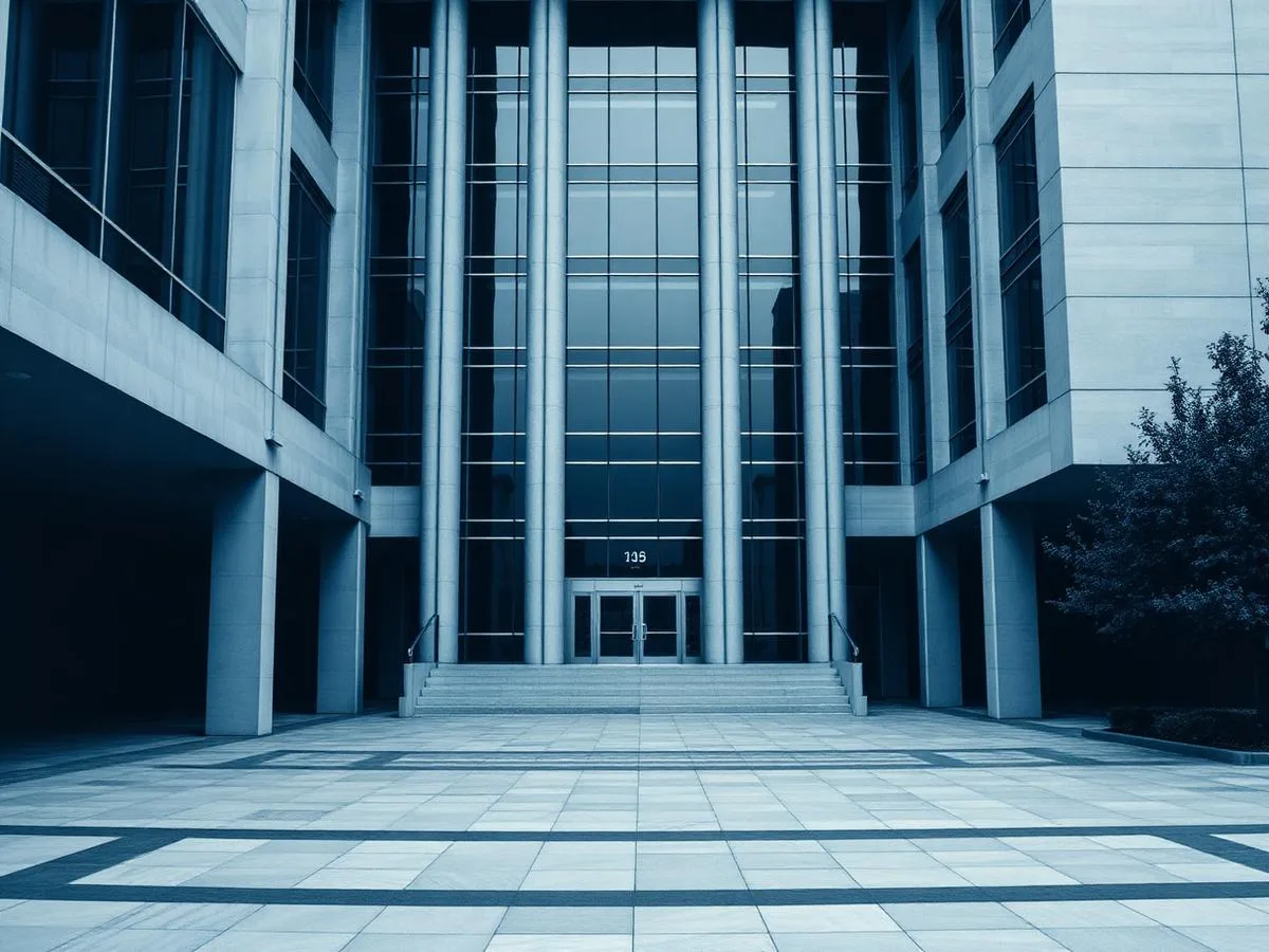 Colonnaded facade of a modern university building